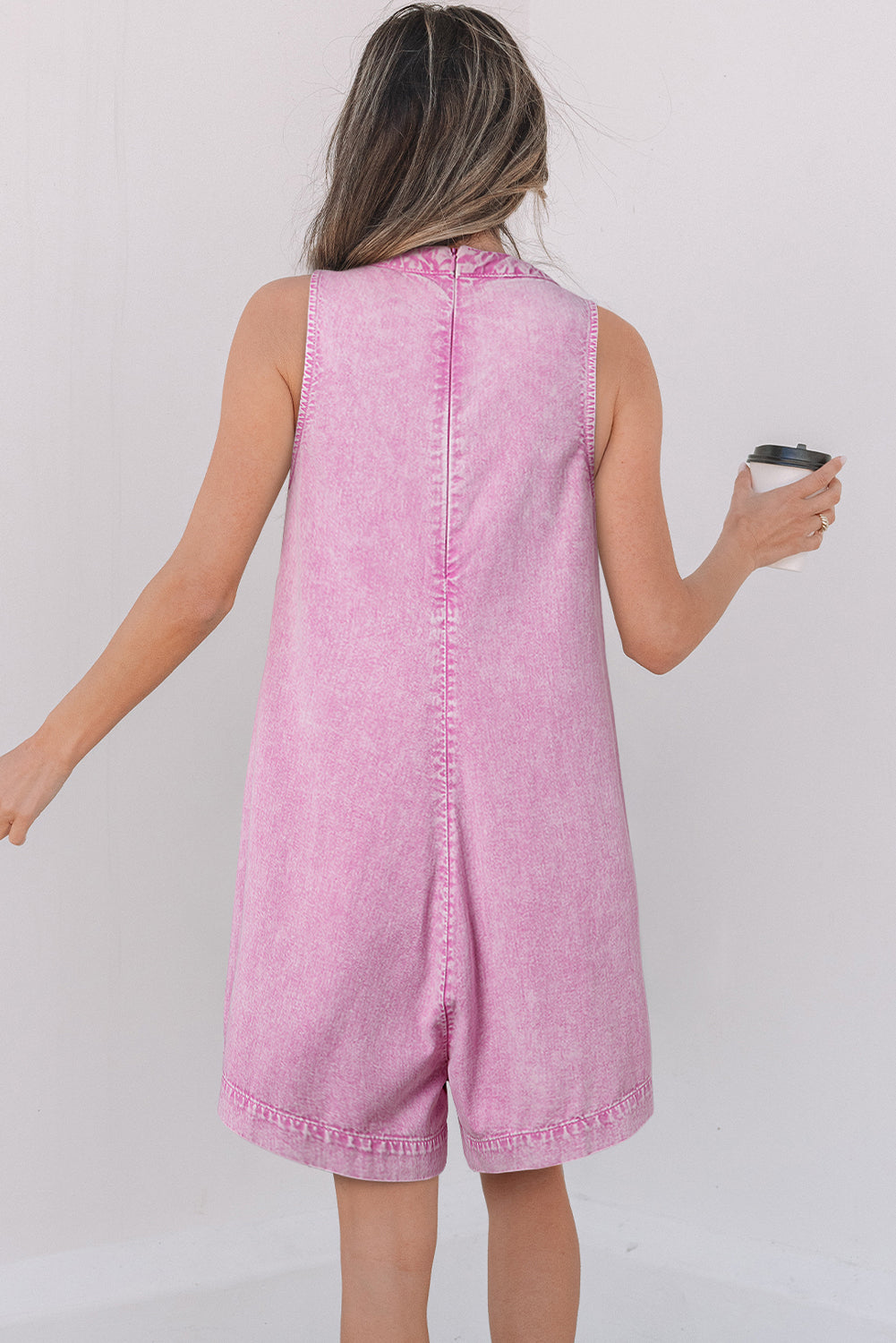Bonbon Mineral Wash Pleated Bust V Neck Sleeveless Denim Romper-Bottoms/Jumpsuits & Rompers-[Adult]-[Female]-2022 Online Blue Zone Planet