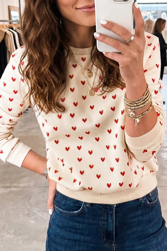 Beige Heart Print Round Neck Long Sleeve Regular Fit Sweatshirt-Tops/Sweatshirts & Hoodies-[Adult]-[Female]-Beige-S-2022 Online Blue Zone Planet