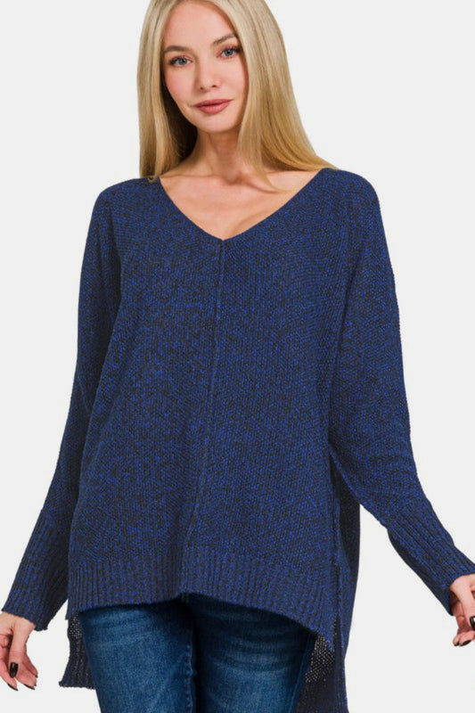 Zenana High-Low Center Seam V-Neck Sweater-TOPS / DRESSES-[Adult]-[Female]-Dark Navy-S-2022 Online Blue Zone Planet