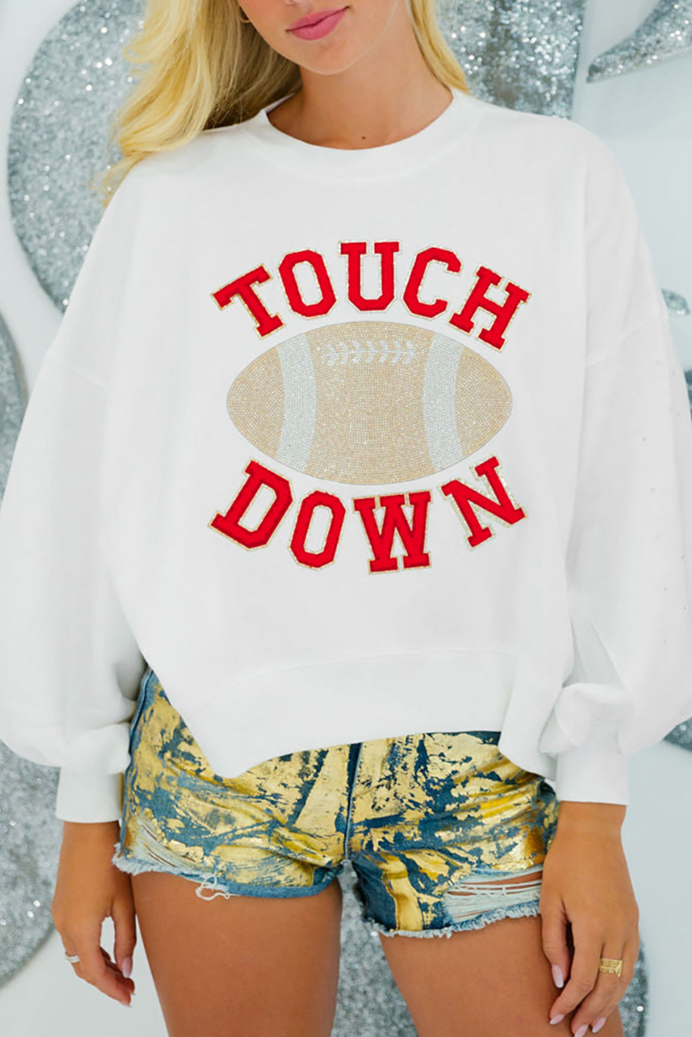 Fiery Red TOUCH DOWN Football Graphic Pullover Sweatshirt-Tops/Sweatshirts & Hoodies-[Adult]-[Female]-White-S-2022 Online Blue Zone Planet