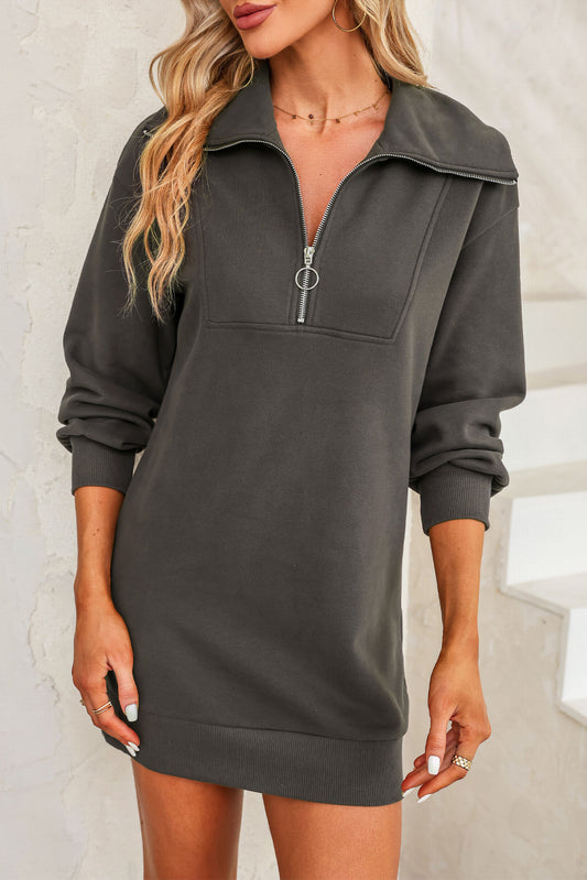 Half Zip Dropped Shoulder Mini Sweatshirt Dress-TOPS / DRESSES-[Adult]-[Female]-Dark Gray-S-2022 Online Blue Zone Planet