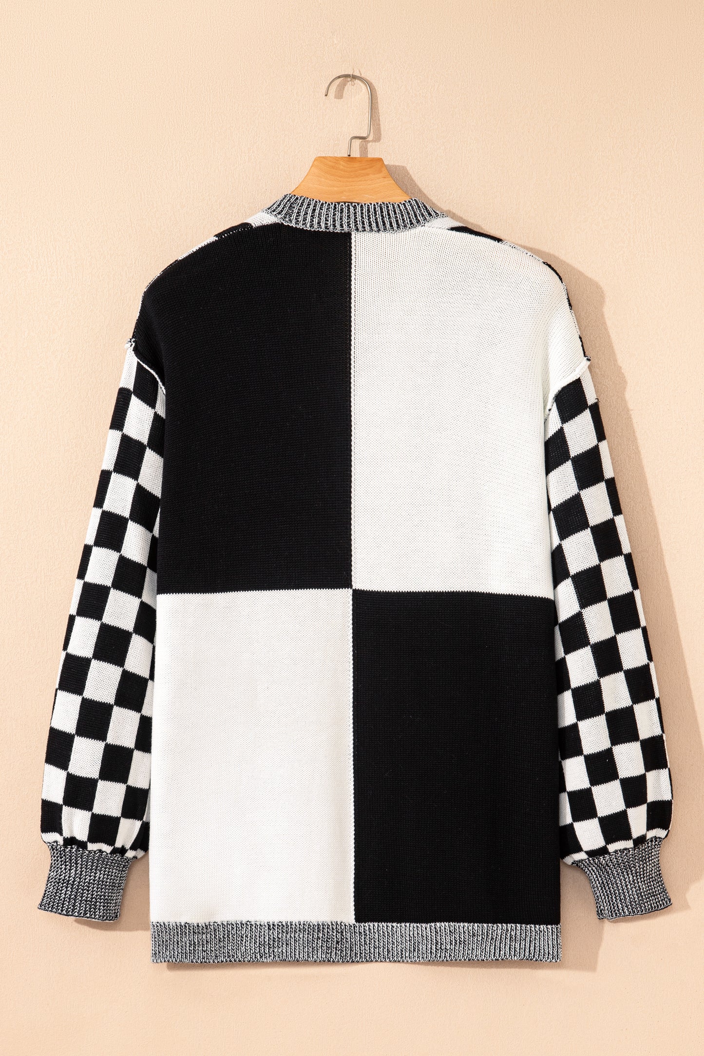 Black Checkered Bubble Sleeve Drop Shoulder Open Cardigan-Plus Size/Plus Size Sweaters & Cardigans-[Adult]-[Female]-2022 Online Blue Zone Planet