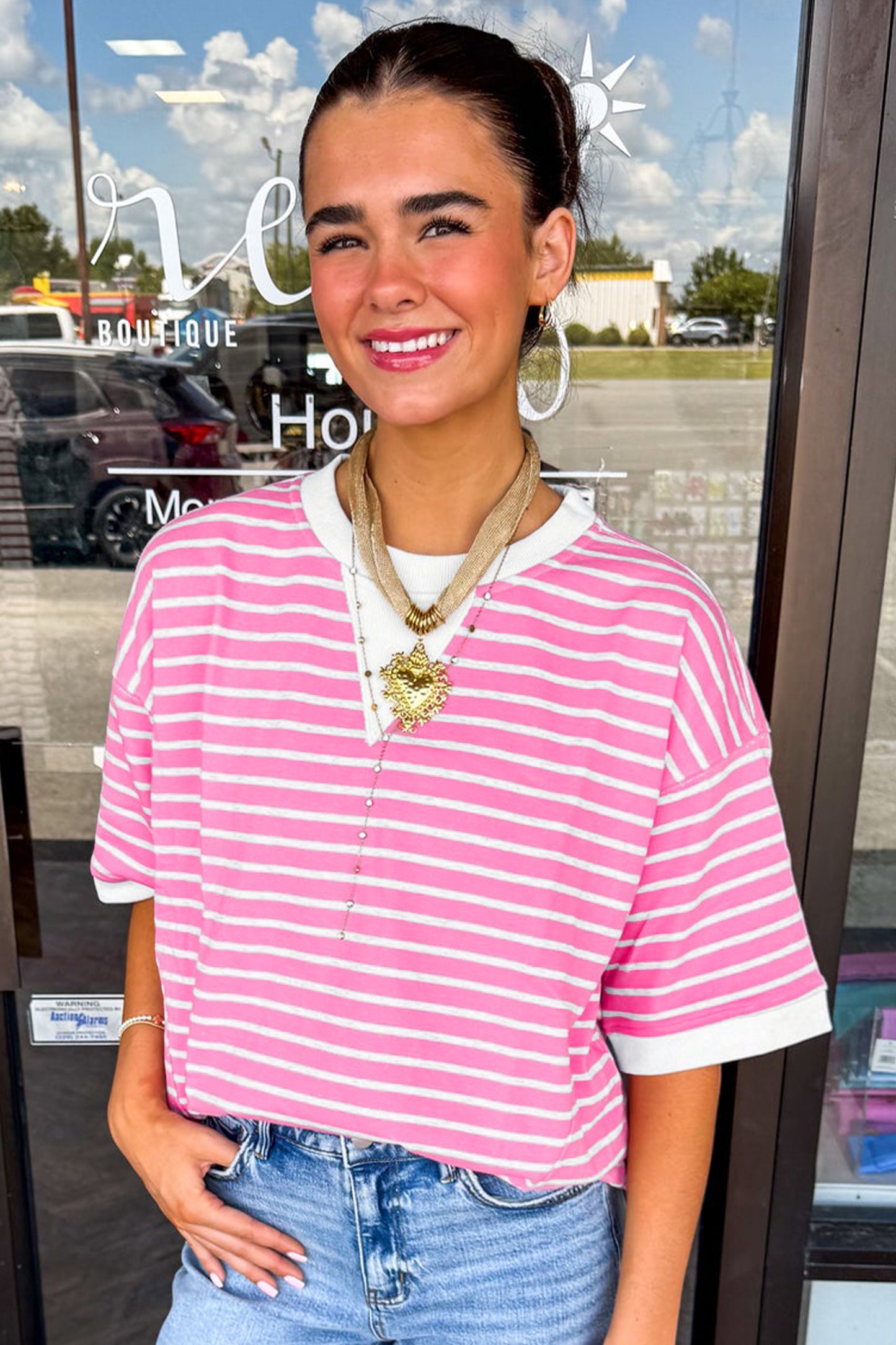 Pink Stripe Round Neck Drop Shoulder Short Sleeve Loose Top-Tops/Tops & Tees-[Adult]-[Female]-2022 Online Blue Zone Planet