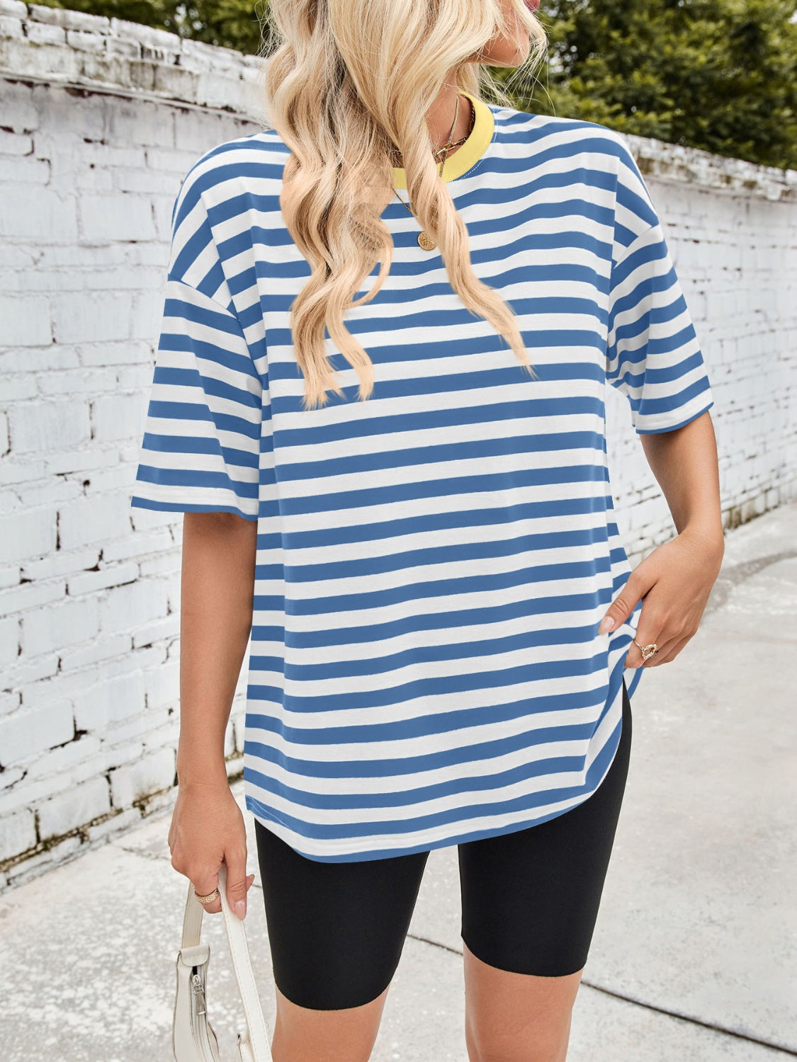 Lovelet Striped Round Neck Half Sleeve T-Shirt-TOPS / DRESSES-[Adult]-[Female]-2022 Online Blue Zone Planet