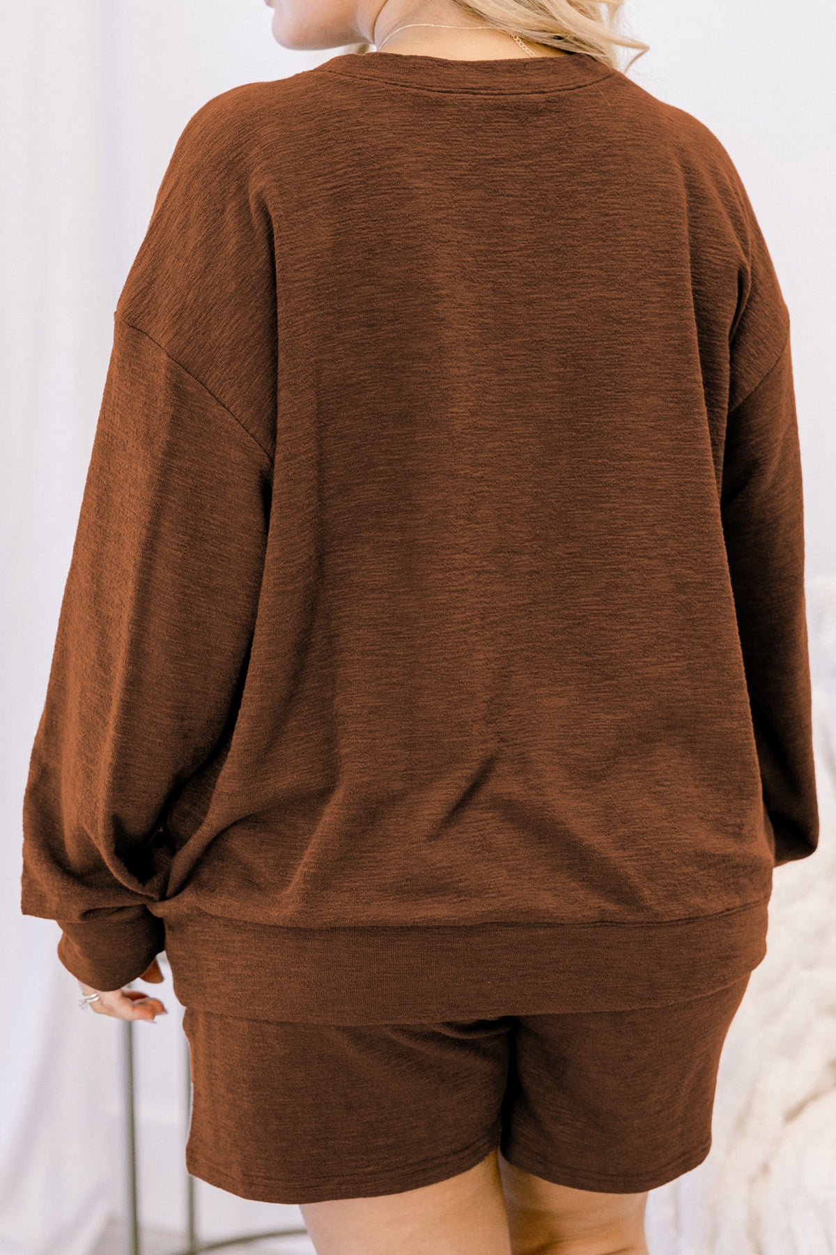 Chestnut Drop Shoulder Long Sleeve Top Elastic Waist Shorts Plus Size Set-Plus Size/Plus Size Loungewear-[Adult]-[Female]-2022 Online Blue Zone Planet