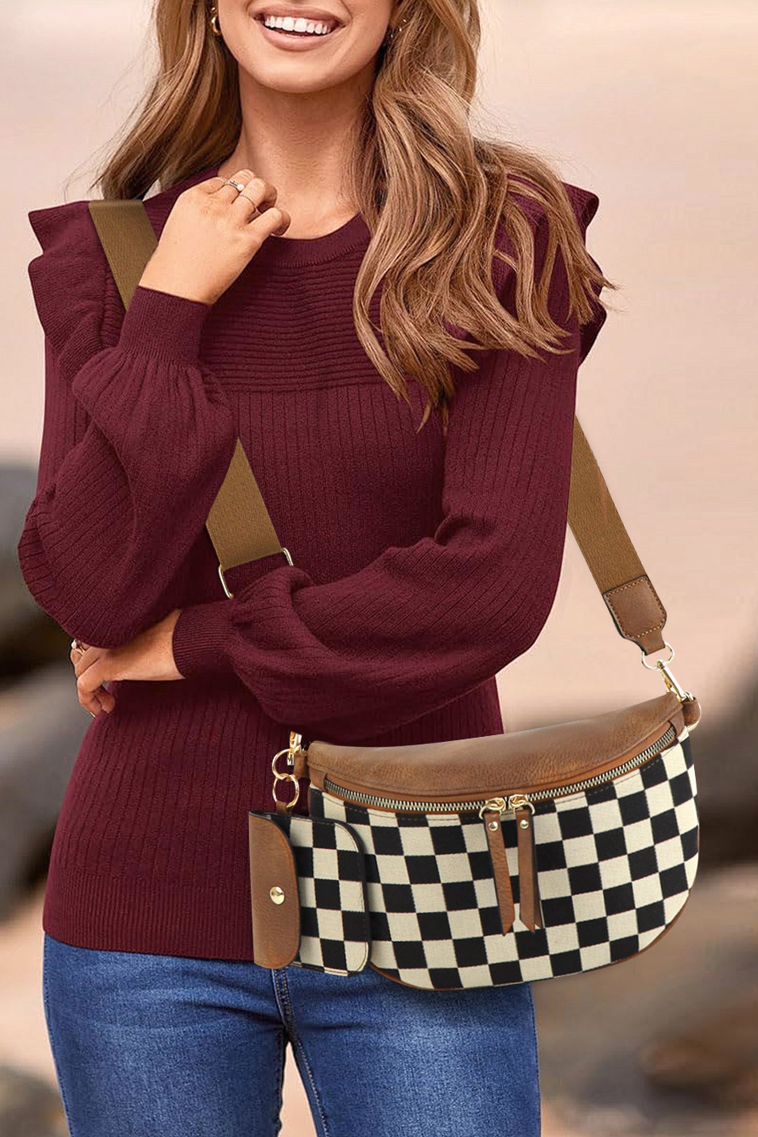Coffee PU Leather Checkered Knit Patchwork Wallet Attached Shoulder Bag-Shoes & Bags/Shoulder Bags-[Adult]-[Female]-2022 Online Blue Zone Planet