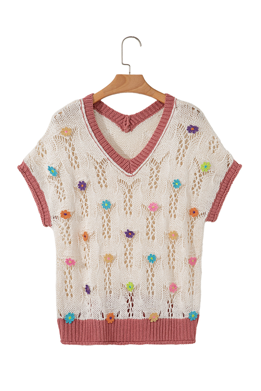 Delicacy Embroidered Flowers Colorblock Edge Hollowed Sweater-TOPS / DRESSES-[Adult]-[Female]-2022 Online Blue Zone Planet