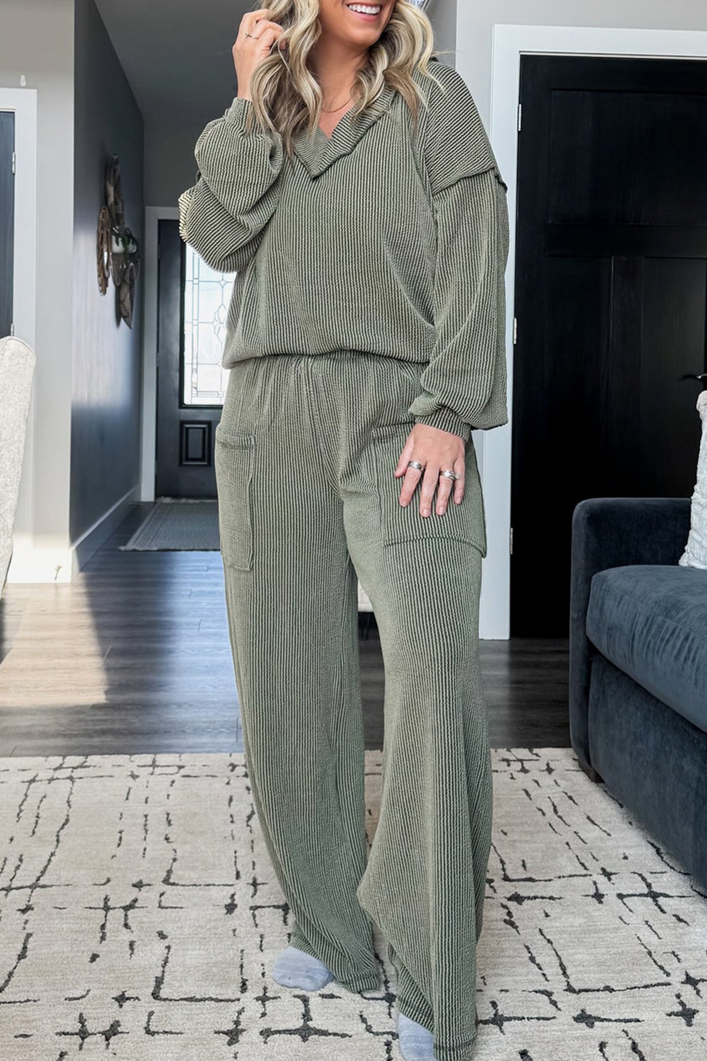 Four Leaf Clover Twisted Ribbed Exposed Seam Detail V Neck Pullover Plus Size Pant Set