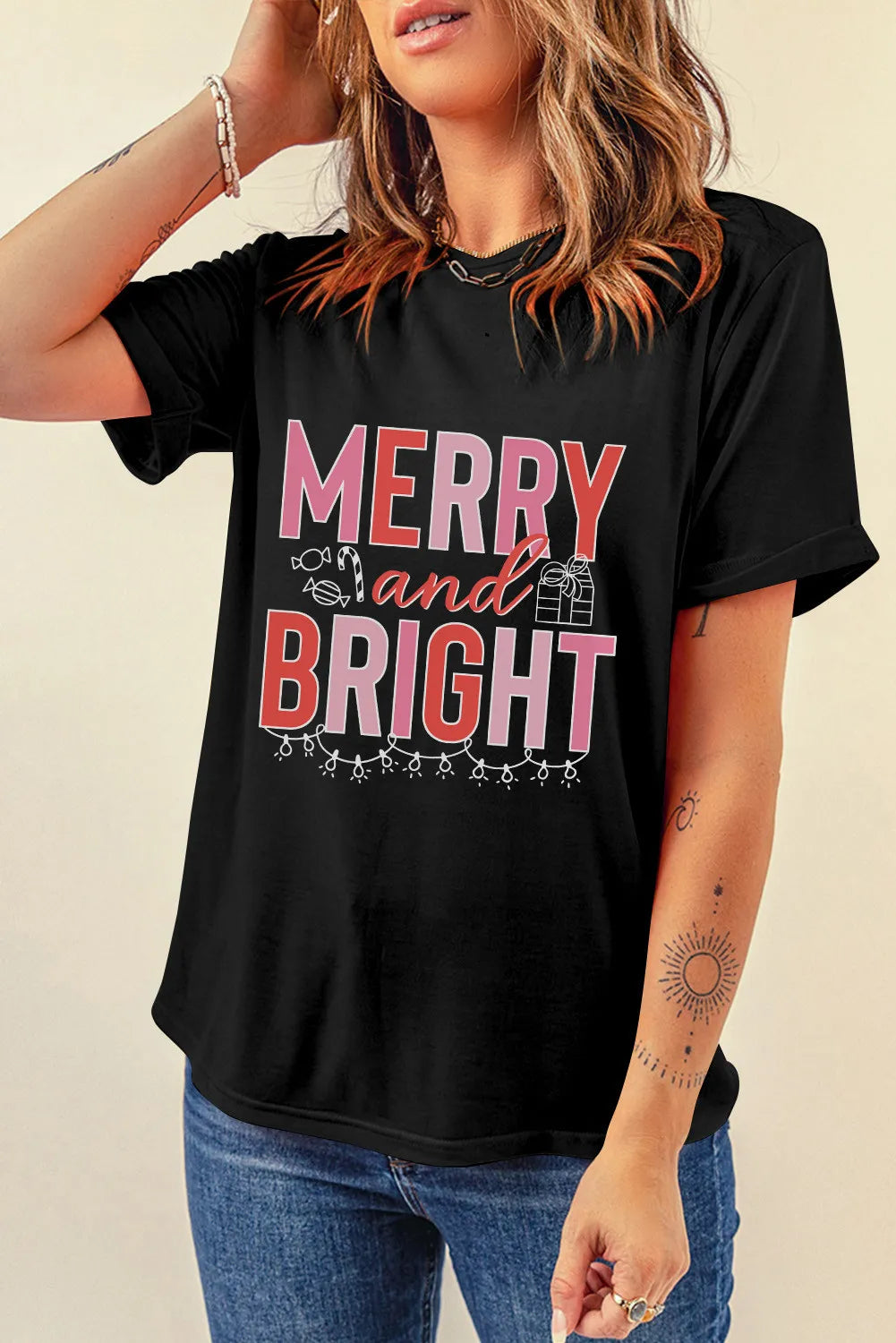 MERRY AND BRIGHT Round Neck Short Sleeve T-Shirt-TOPS / DRESSES-[Adult]-[Female]-Black-S-2022 Online Blue Zone Planet