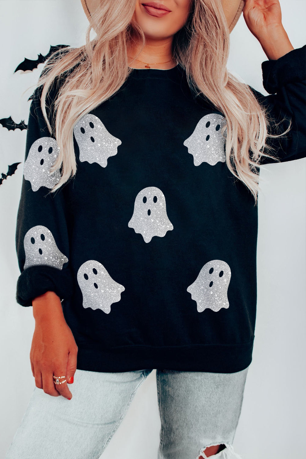 Black Glitter Ghost Pattern Crew Neck Halloween Sweatshirt-Graphic/Graphic Sweatshirts-[Adult]-[Female]-Black-S-2022 Online Blue Zone Planet