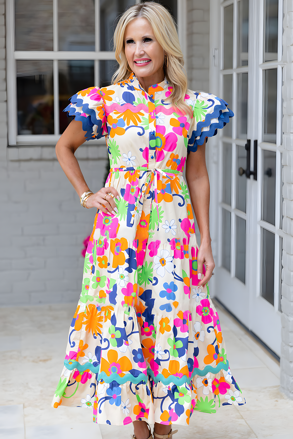 Blue Zone Planet | Pink Ricrac Trim Flutter Sleeve Buttoned Floral Maxi Dress-TOPS / DRESSES-[Adult]-[Female]-2022 Online Blue Zone Planet