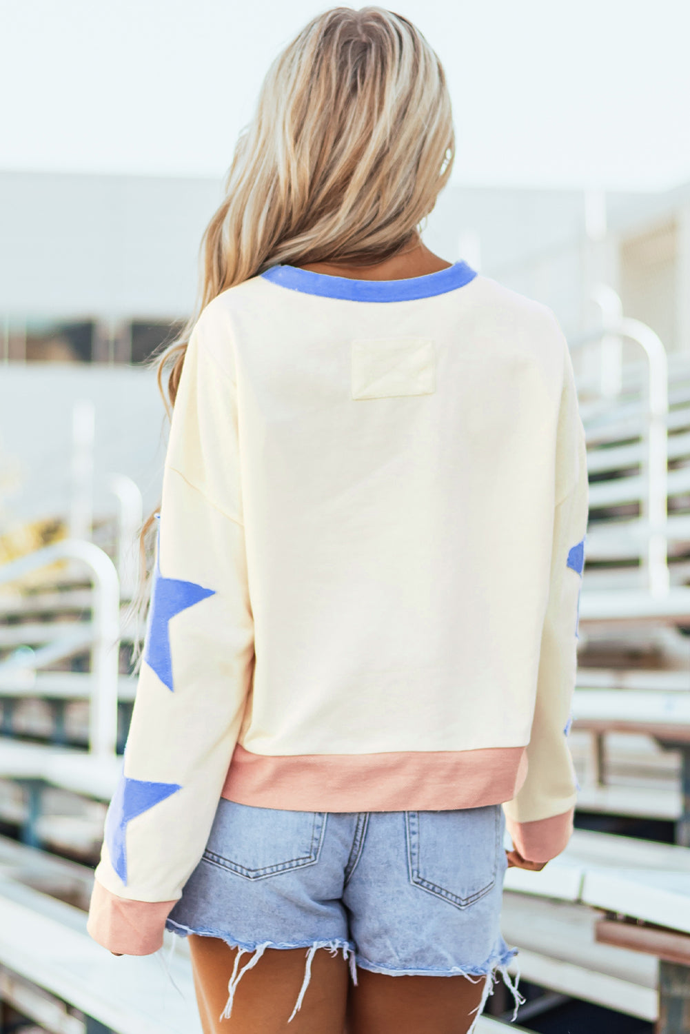 Beige Game Day Graphic Starry Patched Sleeve Contrast Trim Casual Sweatshirt-Graphic/Graphic Sweatshirts-[Adult]-[Female]-2022 Online Blue Zone Planet