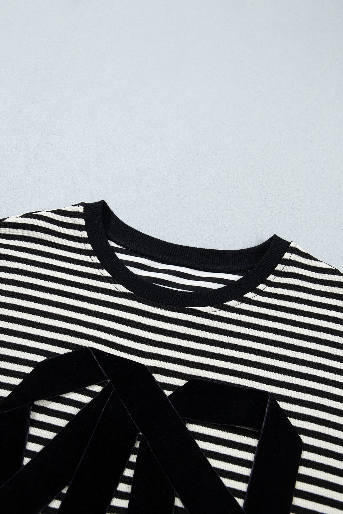 Black Stripe Velvet Bow Pattern Dropped Shoulder Loose Sweatshirt-Tops/Sweatshirts & Hoodies-[Adult]-[Female]-2022 Online Blue Zone Planet