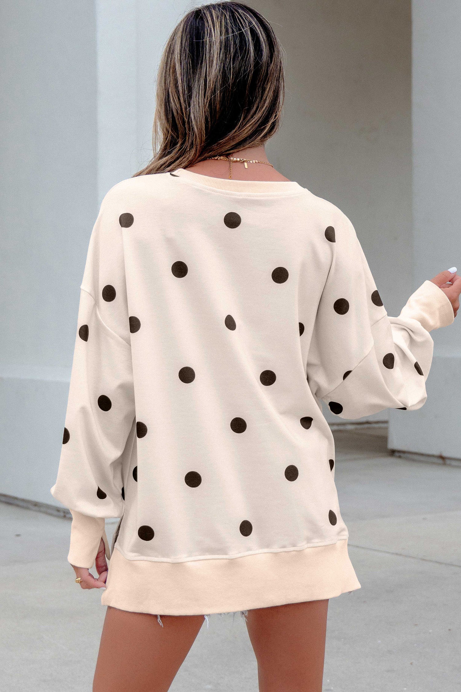 Beige Loose-Fit Long Sleeve Round Neck Polka Dot Tunic Sweatshirt-Tops/Long Sleeve Tops-[Adult]-[Female]-2022 Online Blue Zone Planet
