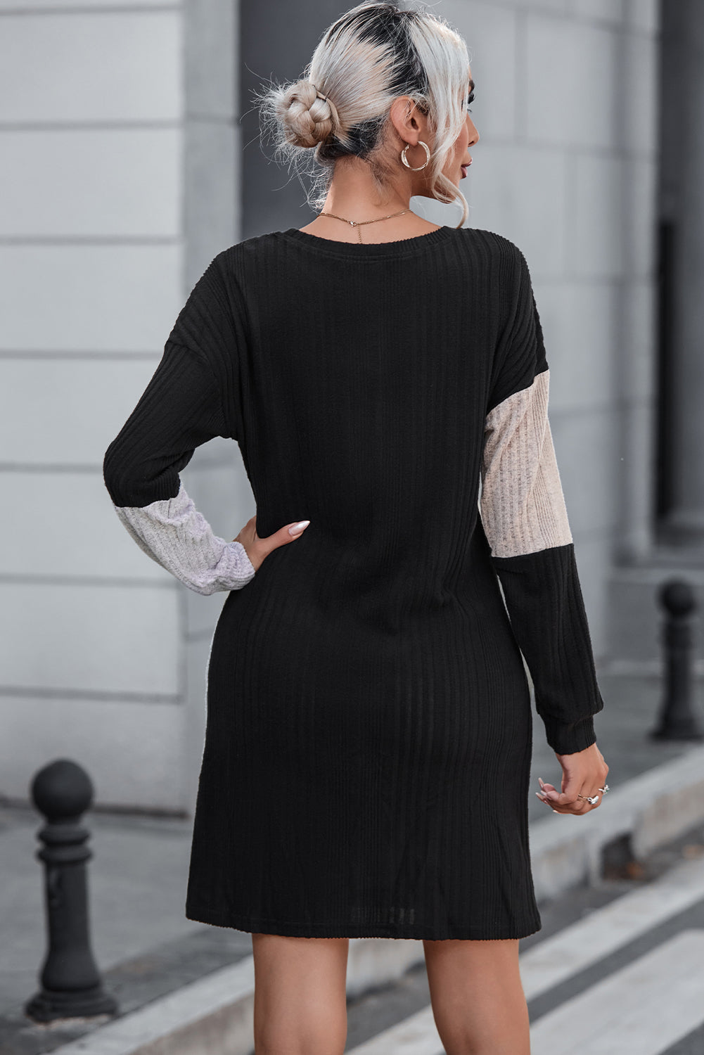 Blue Zone Planet | Black Ribbed Color Block Drop Shoulder Long Sleeve Mini Dress-TOPS / DRESSES-[Adult]-[Female]-2022 Online Blue Zone Planet