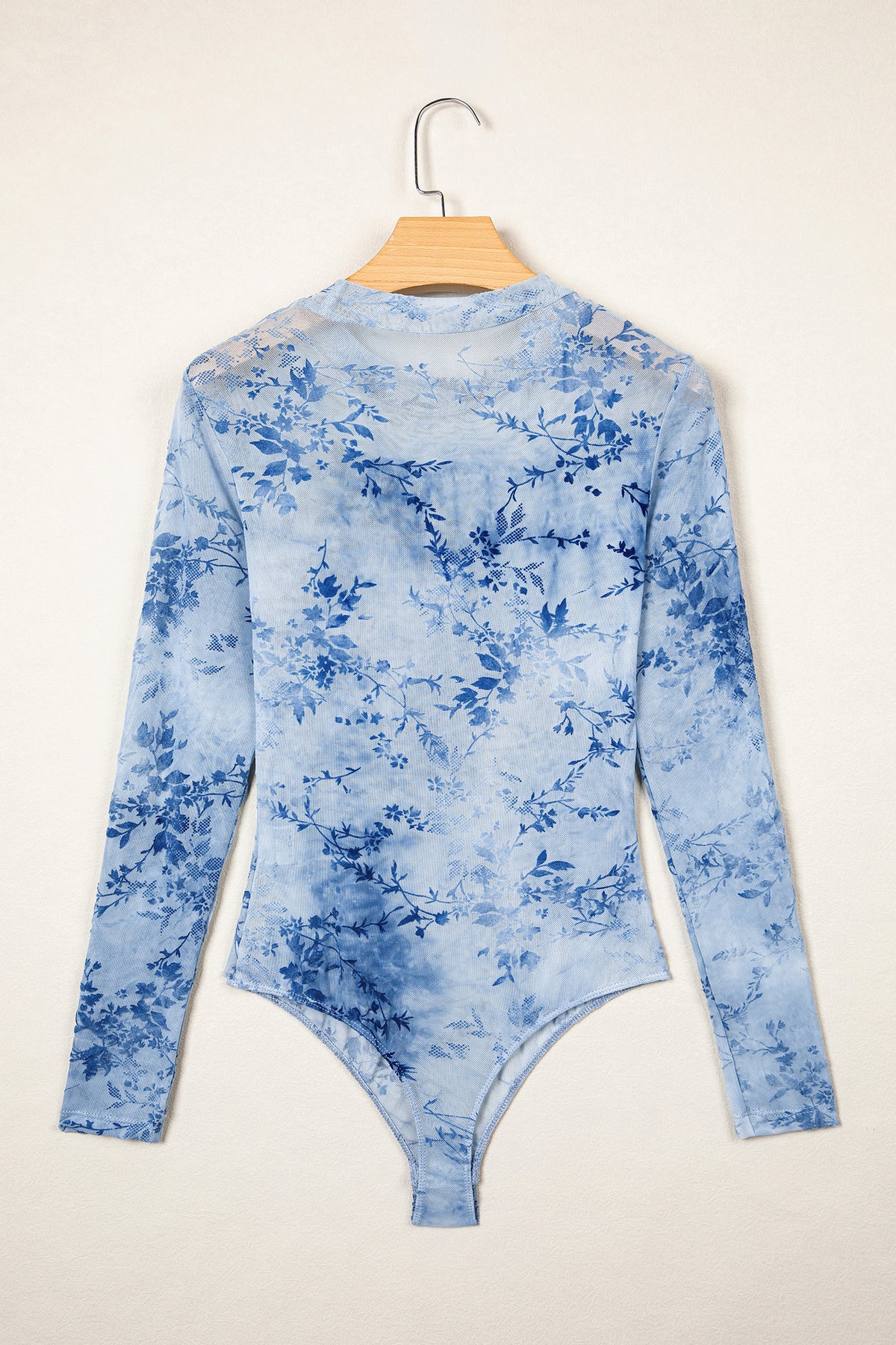Sky Blue Sheer Mesh Floral Printed Mock Neck Long Sleeve Bodysuit-Tops/Bodysuits-[Adult]-[Female]-2022 Online Blue Zone Planet