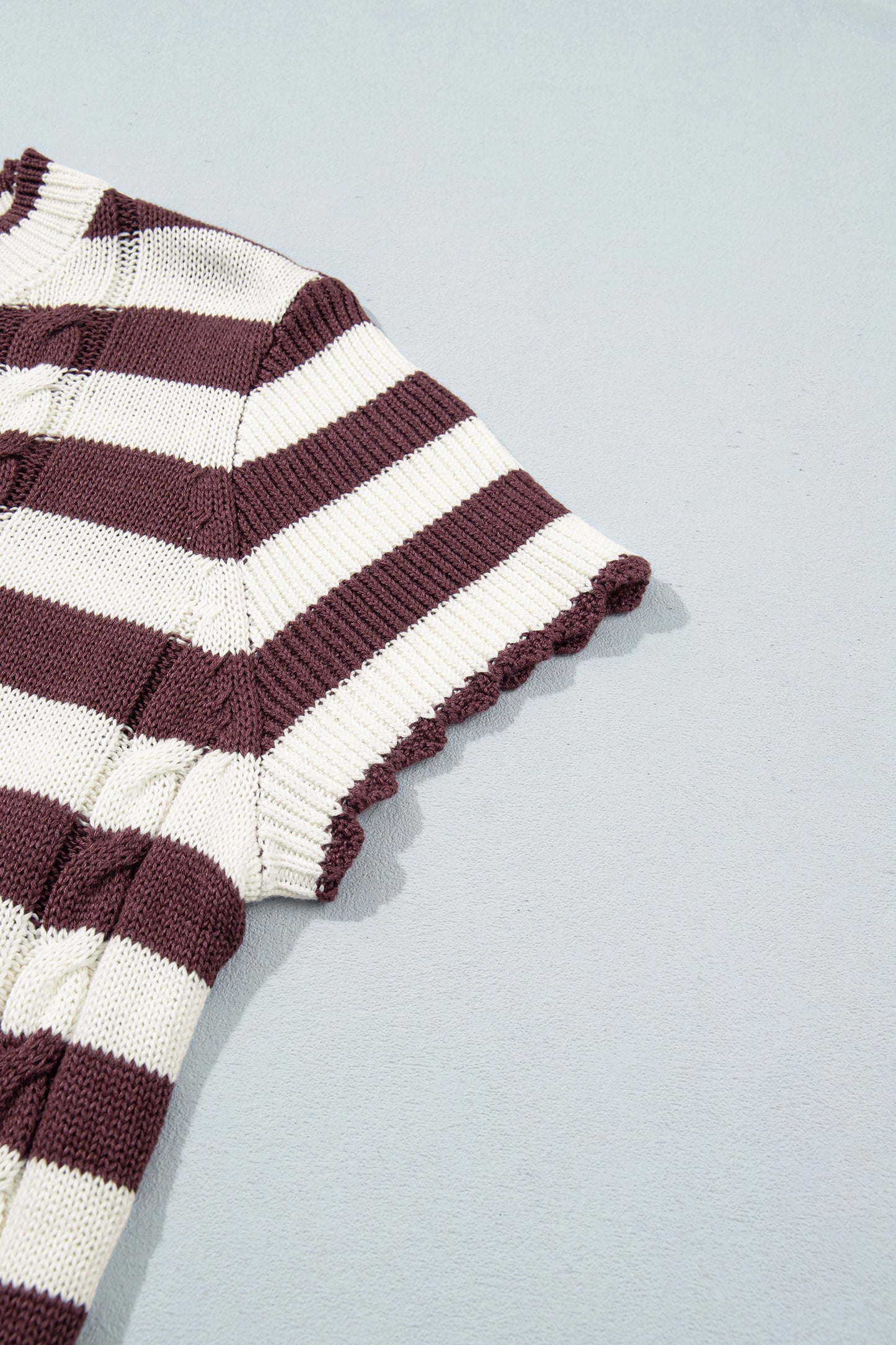 Brown Stripe Ribbed Knit Cable Detail Short Sleeve Sweater-TOPS / DRESSES-[Adult]-[Female]-2022 Online Blue Zone Planet