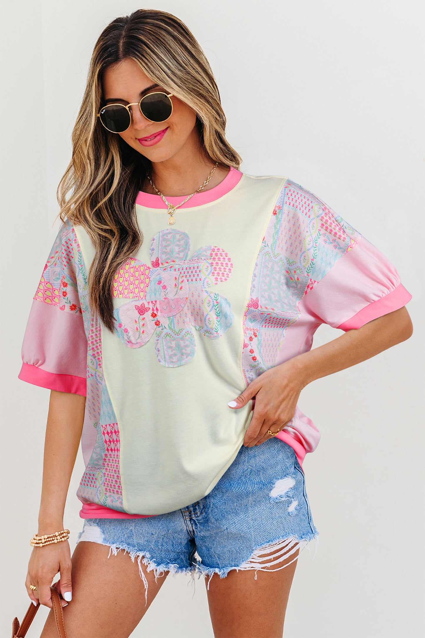 Beige Color Block Floral Patchwork Big Flower Accent Relaxed Top-Tops/Tops & Tees-[Adult]-[Female]-2022 Online Blue Zone Planet