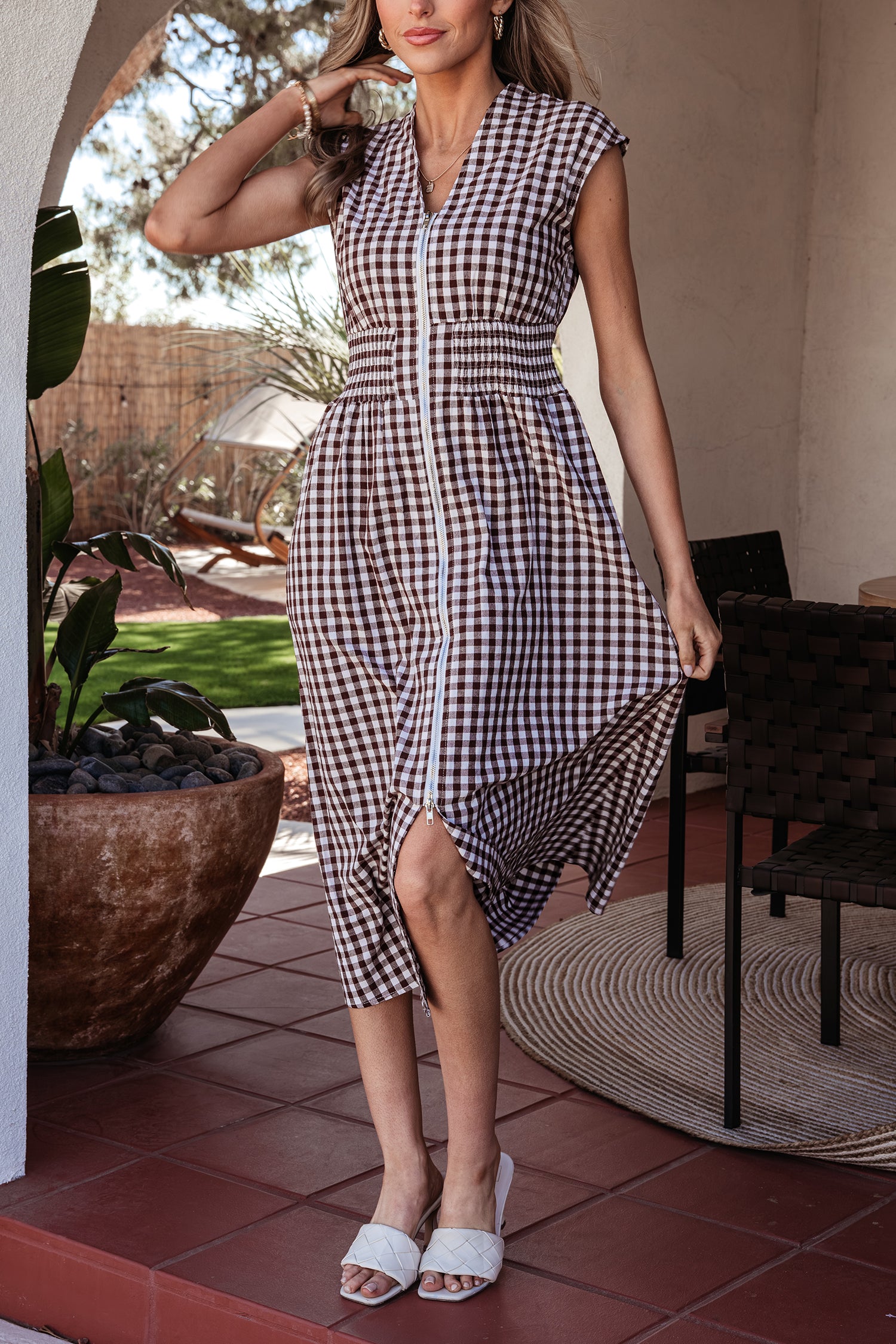 Coffee Plaid Print Full Zipper Cinched Waist Fit Flare Sleeveless Maxi Dress-TOPS / DRESSES-[Adult]-[Female]-2022 Online Blue Zone Planet