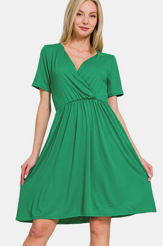 Zenana Surplice Short Sleeve Brushed DTY Dress-TOPS / DRESSES-[Adult]-[Female]-Green-S-2022 Online Blue Zone Planet