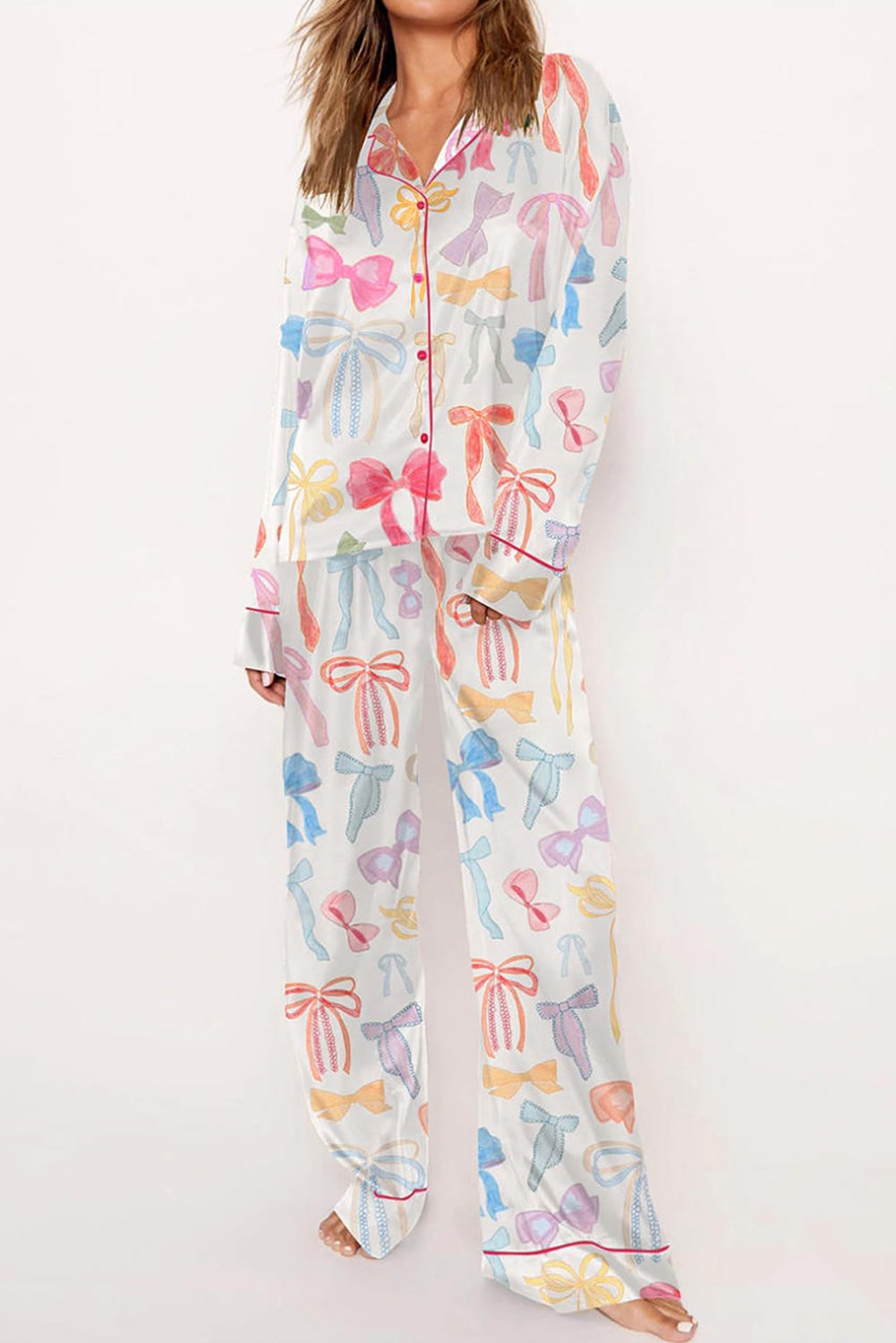 White Bow Knot Print Lapel Collar Wide Leg Satin Pajama Set-Loungewear & Sleepwear/Sleepwear-[Adult]-[Female]-2022 Online Blue Zone Planet