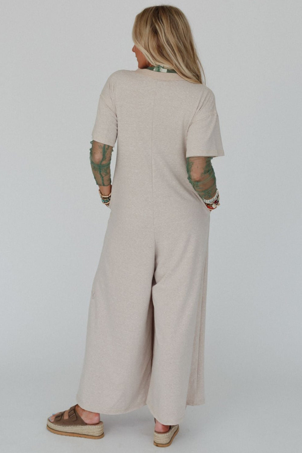 Beige Half Placket Chest Pockets Short Sleeve Wide Leg Jumpsuit-Bottoms/Jumpsuits & Rompers-[Adult]-[Female]-2022 Online Blue Zone Planet