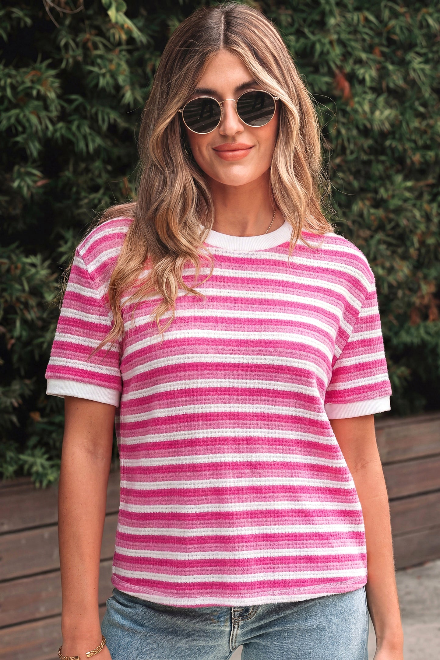 Sachet Pink Textured Knit Short Sleeve Crossed Detail Tee-Tops/Tops & Tees-[Adult]-[Female]-2022 Online Blue Zone Planet