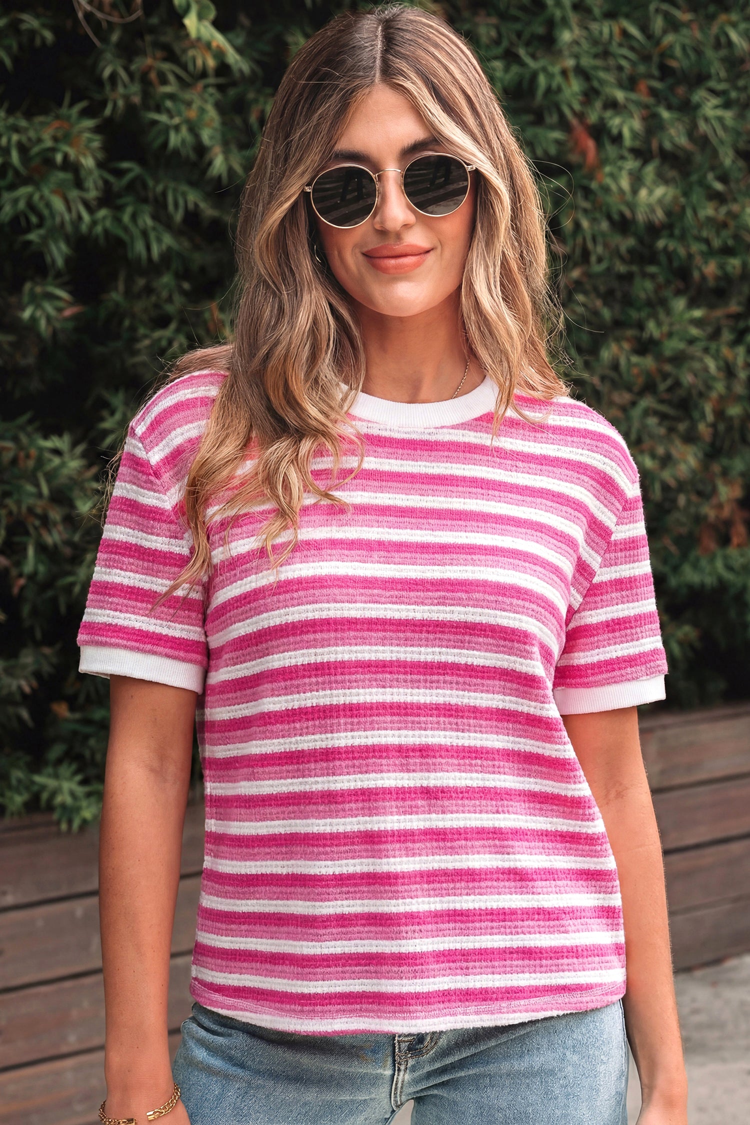 Sachet Pink Textured Knit Short Sleeve Crossed Detail Tee-Tops/Tops & Tees-[Adult]-[Female]-2022 Online Blue Zone Planet