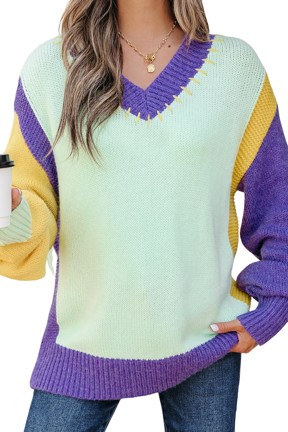 Green Stitched V Neck Color Block Knitted Drop Shoulder Sweater-TOPS / DRESSES-[Adult]-[Female]-2022 Online Blue Zone Planet