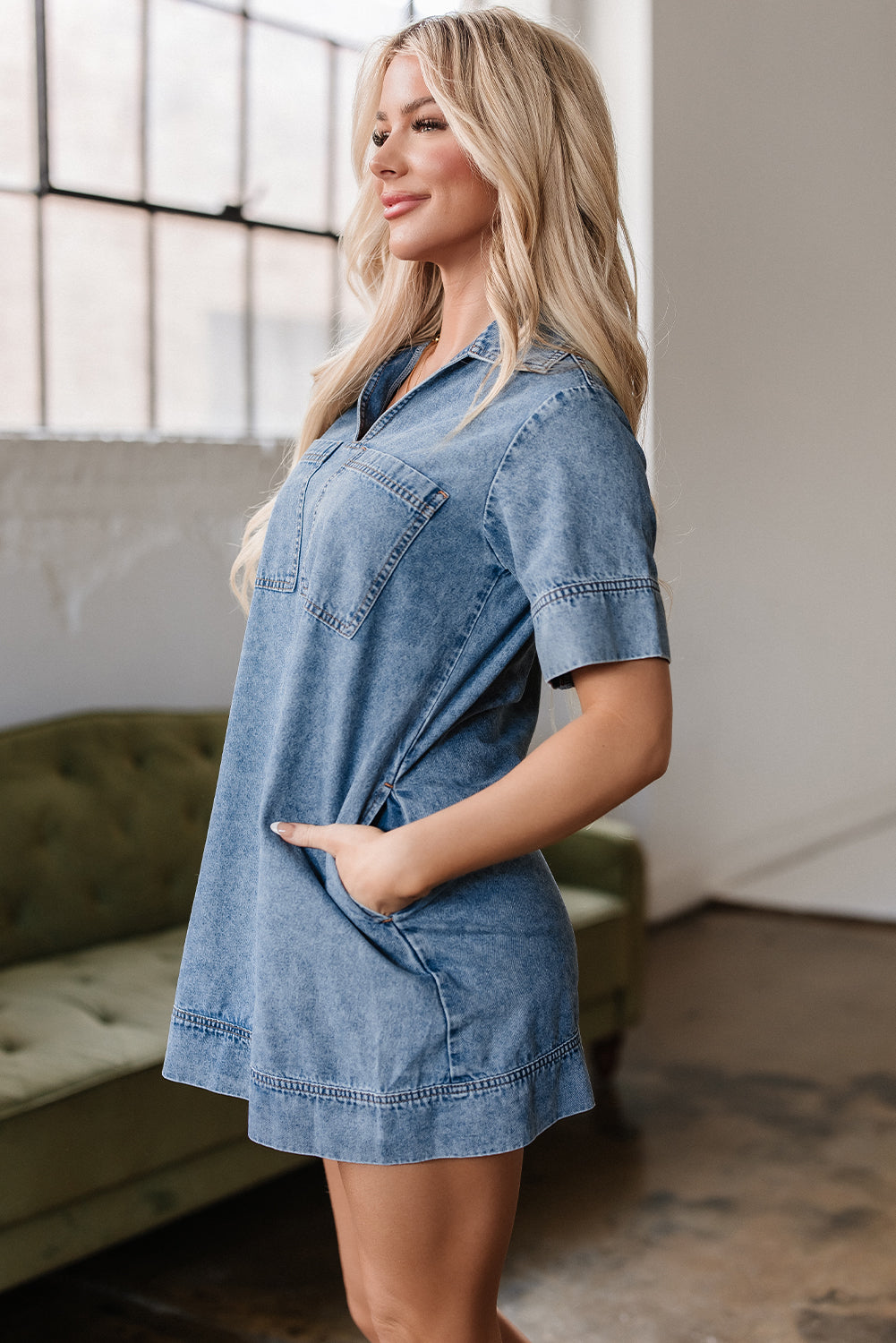 Beau Blue Short Sleeve Collared Patched Pocket Denim Mini Dress-Dresses/Mini Dresses-[Adult]-[Female]-2022 Online Blue Zone Planet