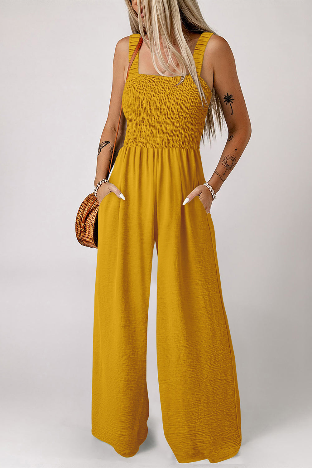 Ginger Smocked Sleeveless Wide Leg Jumpsuit with Pockets-Bottoms/Jumpsuits & Rompers-[Adult]-[Female]-Ginger-XS-2022 Online Blue Zone Planet