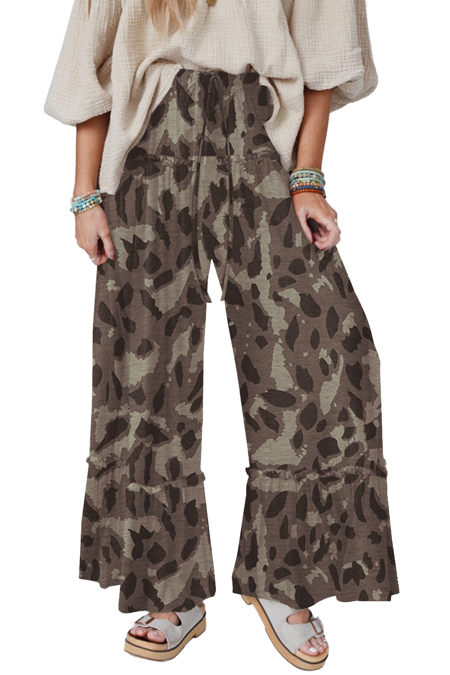 Multicolour Camo Print Wide Leg Casual Pants-Bottoms/Pants & Culotte-[Adult]-[Female]-2022 Online Blue Zone Planet