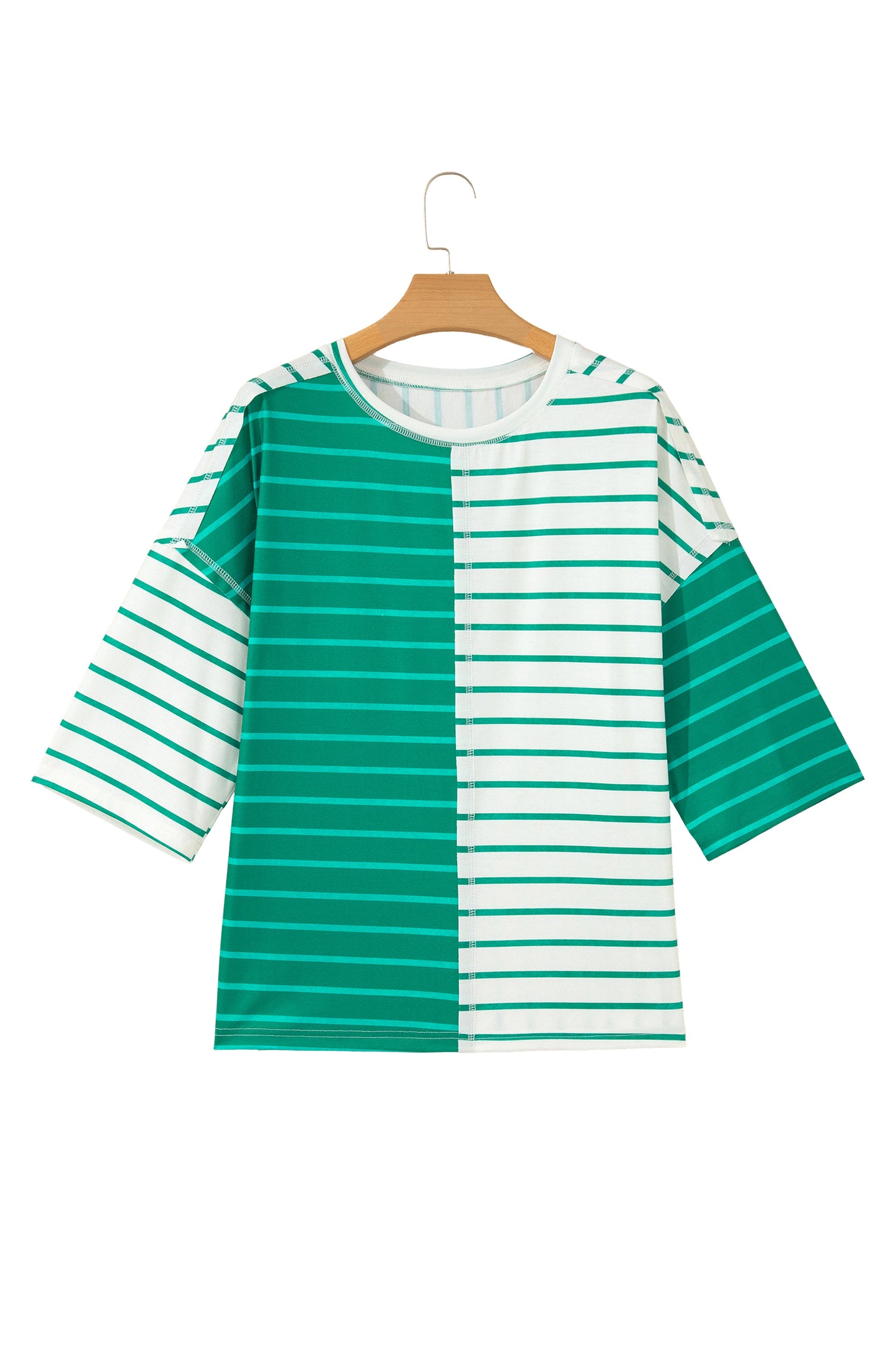 Green Stripe Colorblock 3/4 Sleeve Loose T Shirt-Tops/Tops & Tees-[Adult]-[Female]-2022 Online Blue Zone Planet