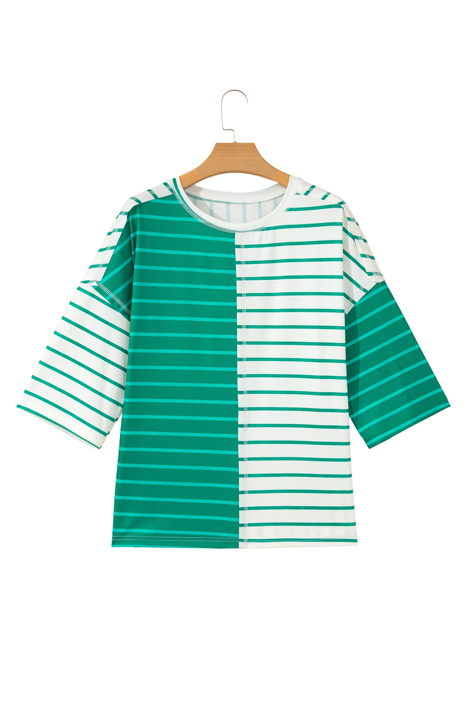 Green Stripe Colorblock 3/4 Sleeve Loose T Shirt-Tops/Tops & Tees-[Adult]-[Female]-2022 Online Blue Zone Planet