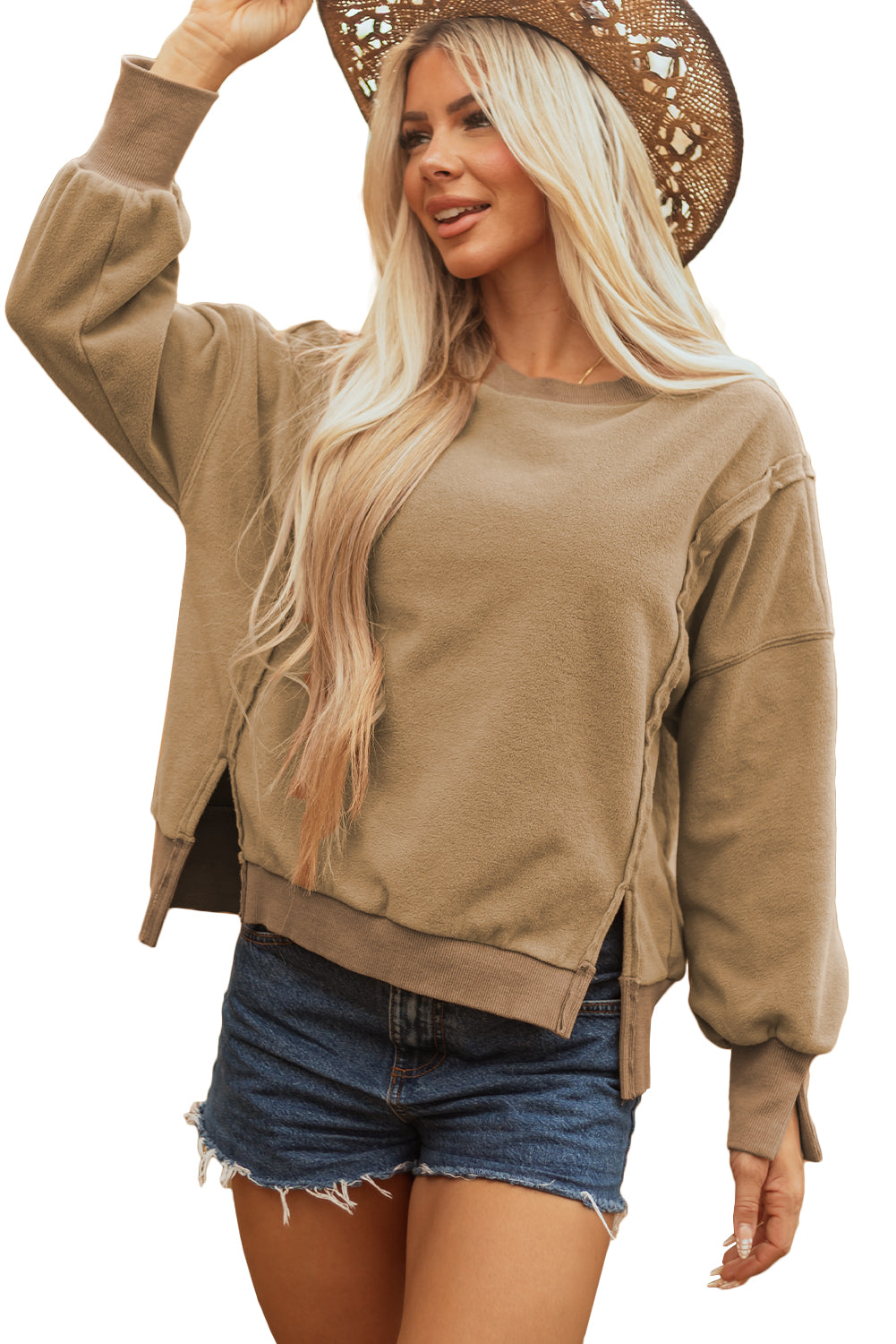 Dark Khaki Fuzzy Sherpa Splicing Pullover Sweatshirt With Side Slit-Tops/Sweatshirts & Hoodies-[Adult]-[Female]-2022 Online Blue Zone Planet