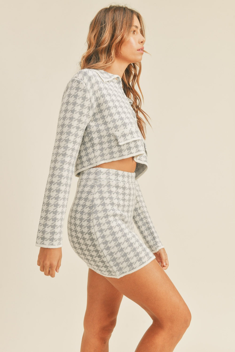 MABLE Houndstooth Cropped Knit Cardigan and Mini Skirt Set-TOPS / DRESSES-[Adult]-[Female]-2022 Online Blue Zone Planet