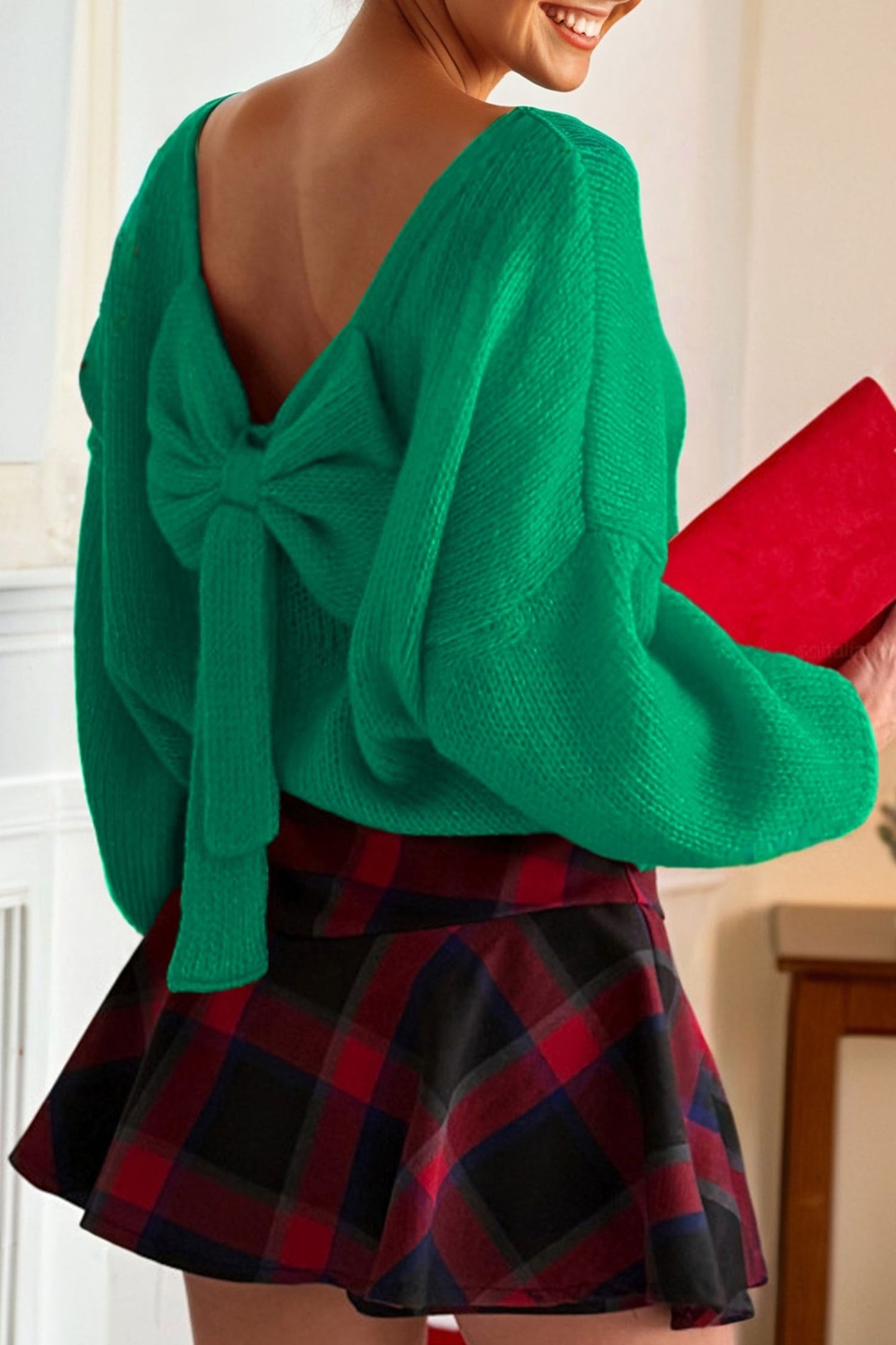 Bright Green Festive Bow Backless Bubble Sleeve Sweater-TOPS / DRESSES-[Adult]-[Female]-2022 Online Blue Zone Planet