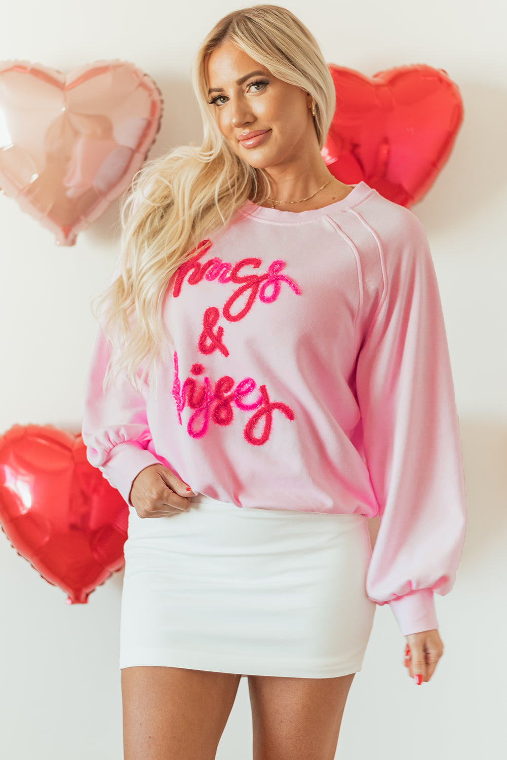 Blue Zone Planet | Pink Hugs and Kisses Pop Up Embroidered Raglan Sleeve Sweatshirt-TOPS / DRESSES-[Adult]-[Female]-2022 Online Blue Zone Planet