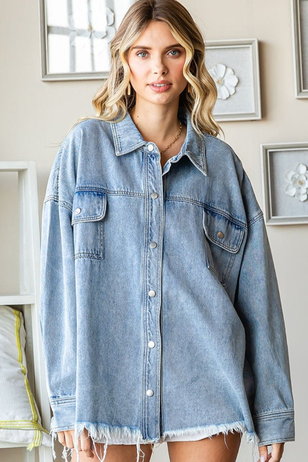 First Love Smile Face Button Down Raw Hem Denim Jacket-TOPS / DRESSES-[Adult]-[Female]-2022 Online Blue Zone Planet