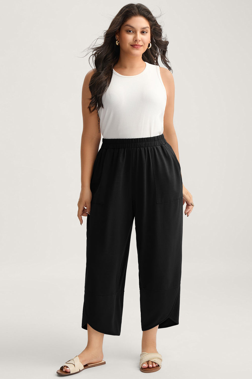 Black Plus Size Elastic Waist Asymmetrical Hem Loose Capris Pants-Plus Size/Plus Size Bottoms-[Adult]-[Female]-2022 Online Blue Zone Planet