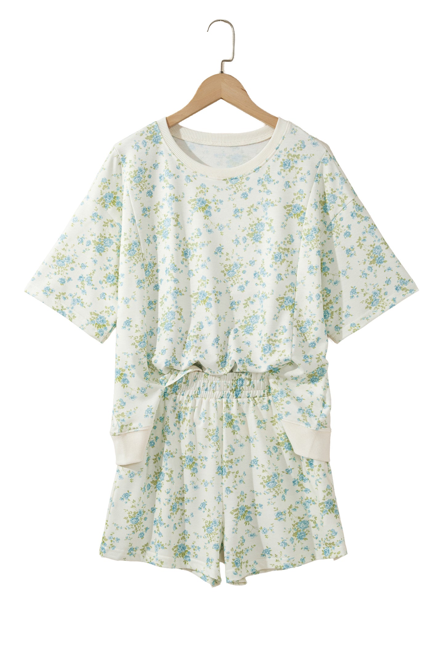 Sky Blue Floral Print Short Sleeve Elastic Waist Pocket Two Piece Set-Two Piece Sets/Short Sets-[Adult]-[Female]-2022 Online Blue Zone Planet