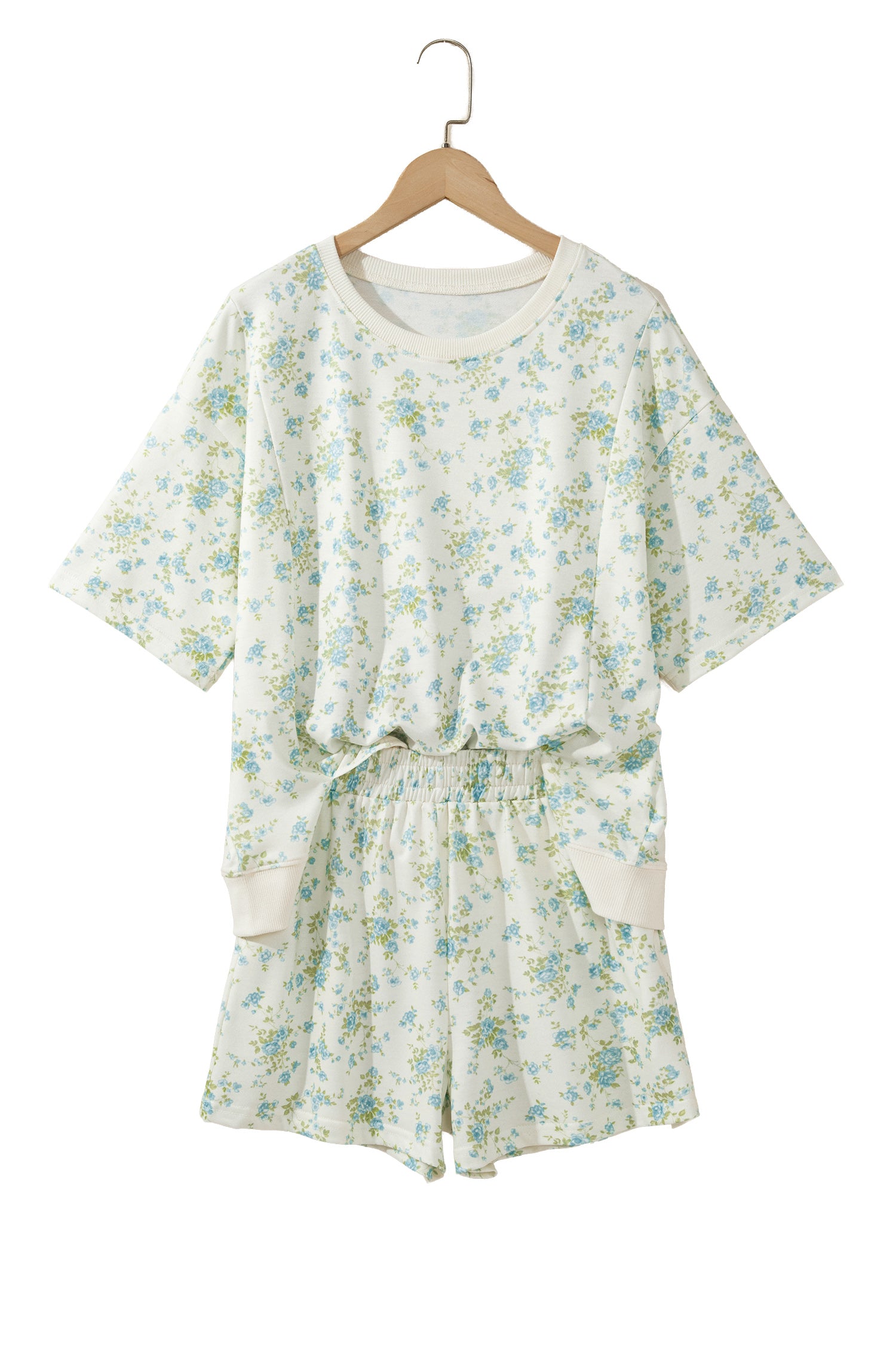 Sky Blue Floral Print Short Sleeve Elastic Waist Pocket Two Piece Set-Two Piece Sets/Short Sets-[Adult]-[Female]-2022 Online Blue Zone Planet