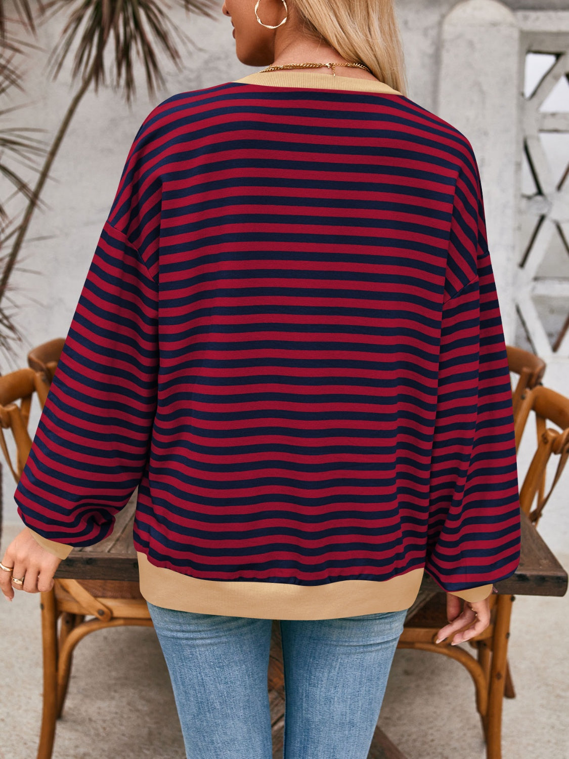 Blue Zone Planet | Lovelet Contrast Striped Long Sleeve Sweatshirt-TOPS / DRESSES-[Adult]-[Female]-2022 Online Blue Zone Planet