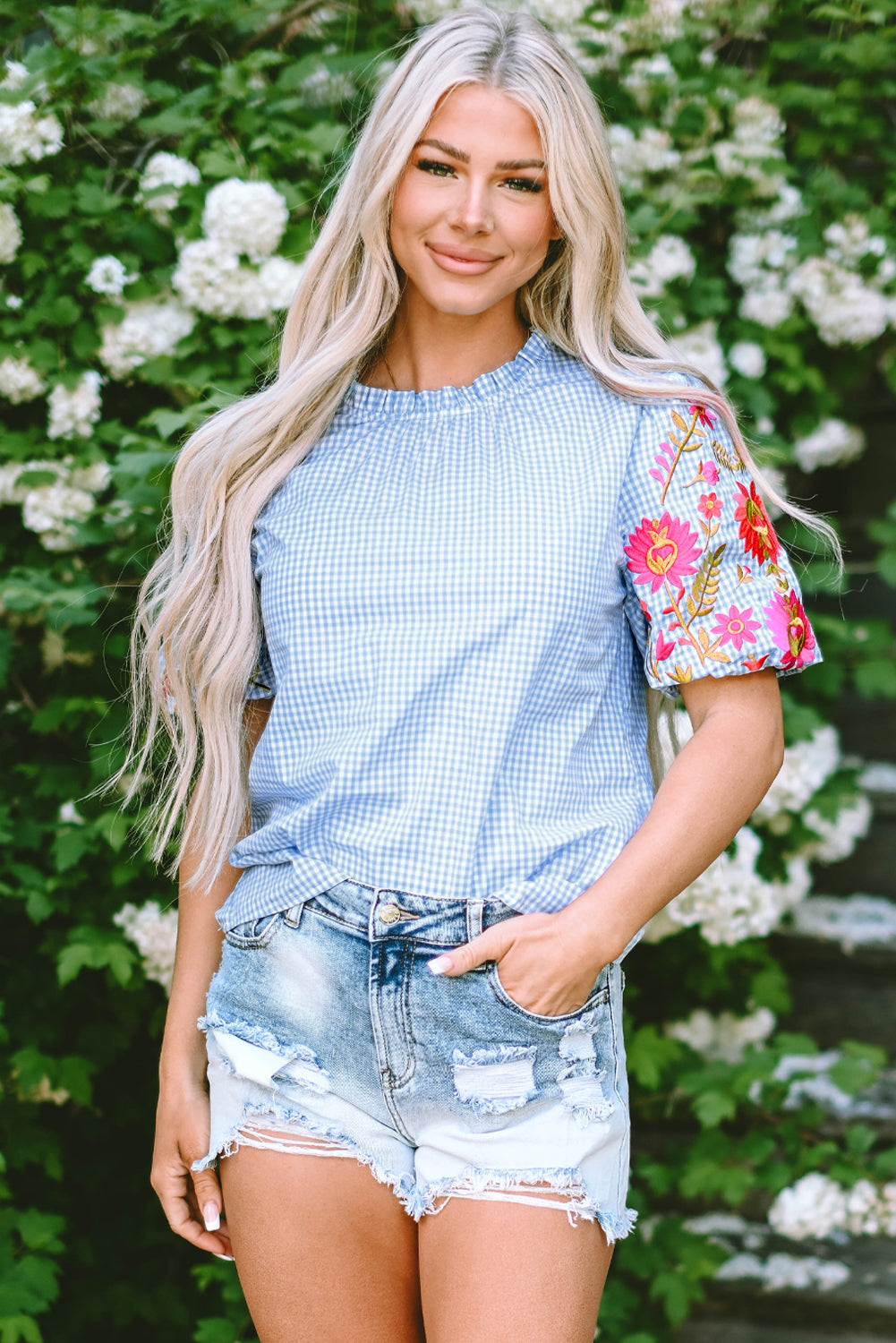 Light Blue Gingham Floral Embroidered Puff Sleeve Blouse-Tops/Blouses & Shirts-[Adult]-[Female]-2022 Online Blue Zone Planet