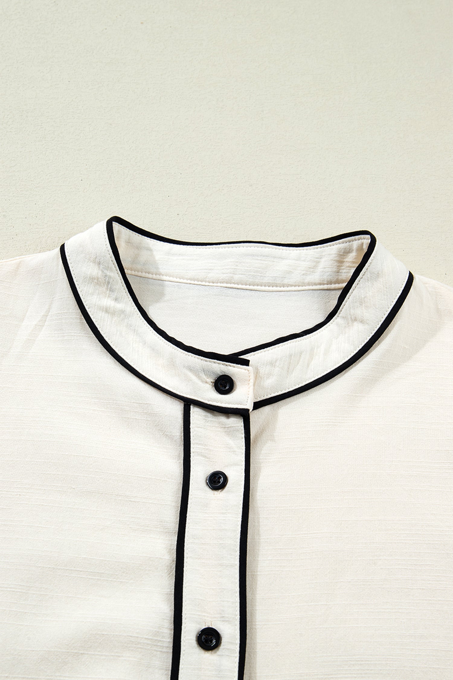 Beige Contrast Color Trim Button Down Long Puff Sleeve Shirt-Tops/Blouses & Shirts-[Adult]-[Female]-2022 Online Blue Zone Planet