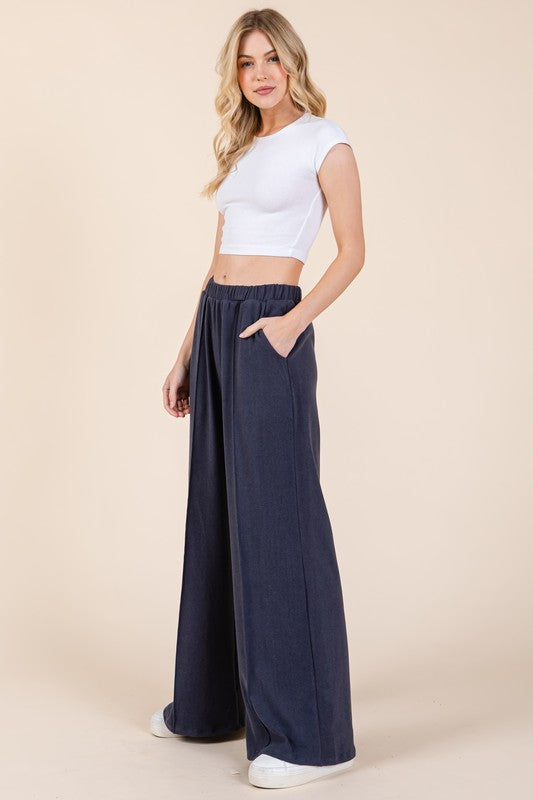 BOMBOM Elastic Waist Wide Leg Pants with Pockets-BOTTOMS SIZES SMALL MEDIUM LARGE-[Adult]-[Female]-2022 Online Blue Zone Planet