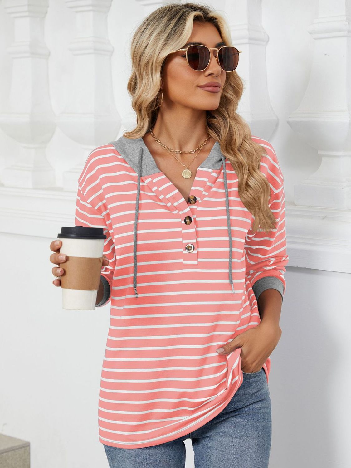 Drawstring Striped Long Sleeve Hoodie-HOODIES-[Adult]-[Female]-Watermelon pink-S-2022 Online Blue Zone Planet