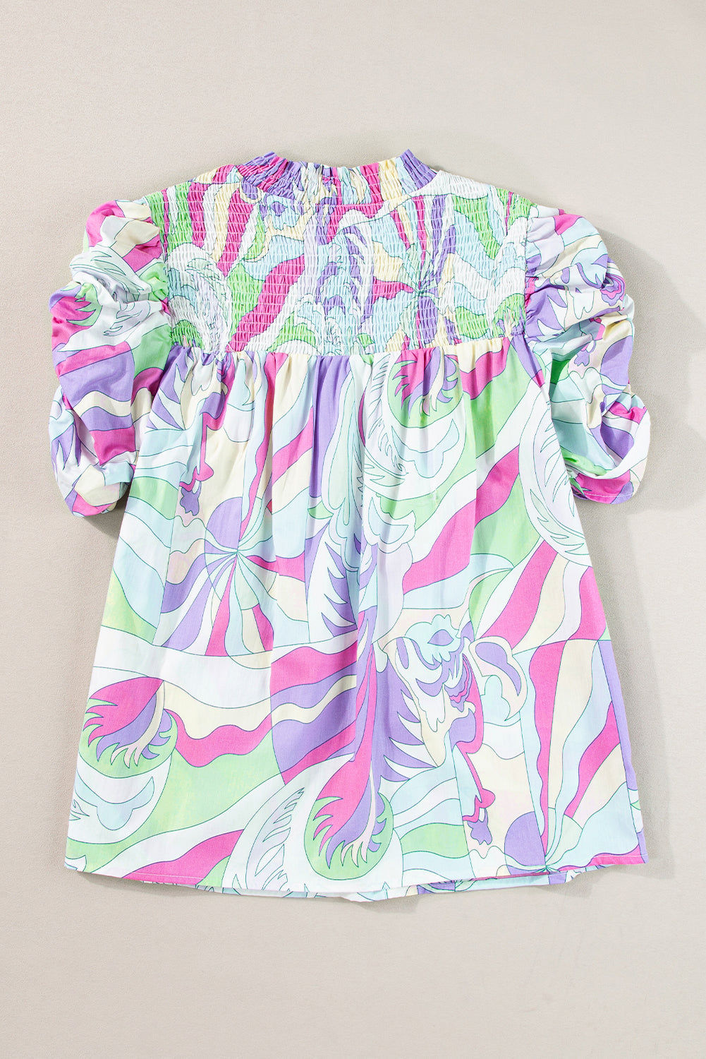 Green Abstract Print Bubble Sleeve Smock Detail Blouse-Tops/Blouses & Shirts-[Adult]-[Female]-2022 Online Blue Zone Planet