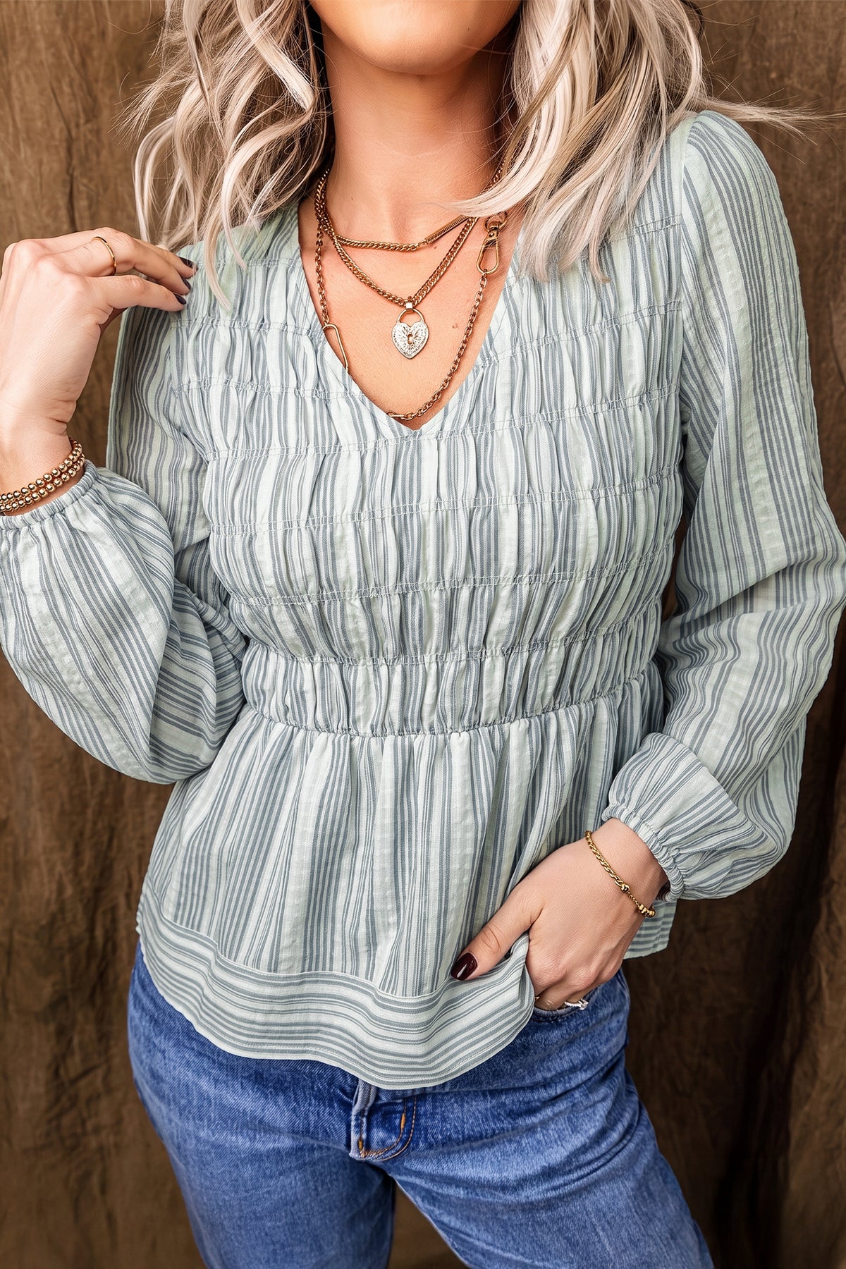 Blue Stripe V Neck Shirred Long Sleeve Blouse-Tops/Blouses & Shirts-[Adult]-[Female]-2022 Online Blue Zone Planet
