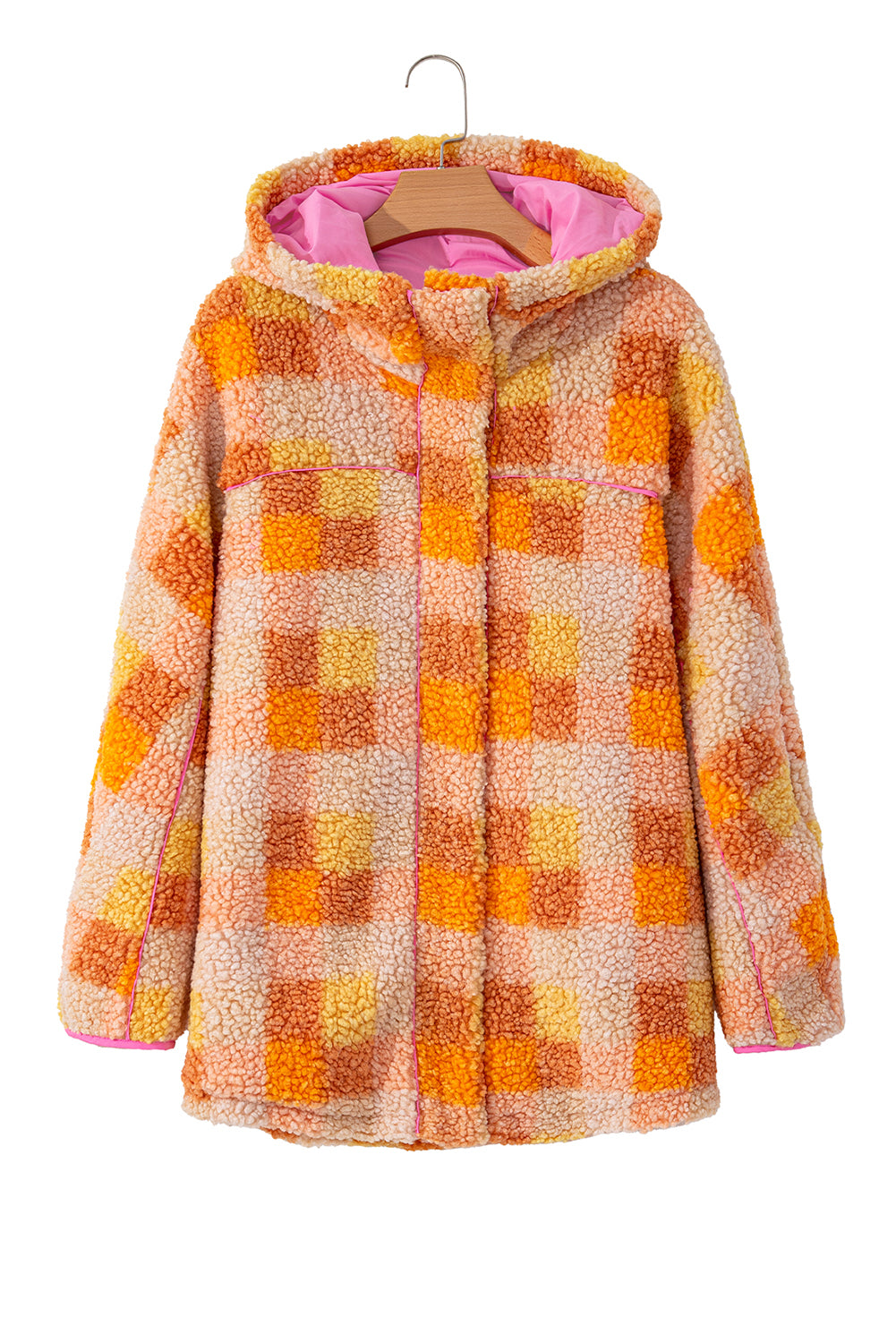 Blue Zone Planet | Ronda's Orange Checkered Sherpa Hooded Jacket-TOPS / DRESSES-[Adult]-[Female]-2022 Online Blue Zone Planet